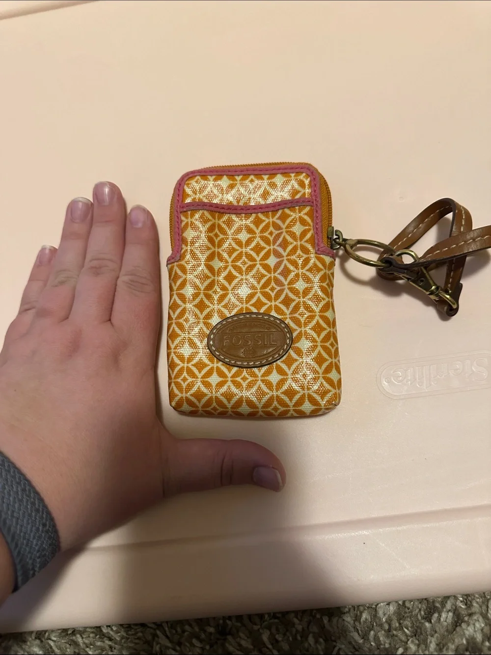 Fossil orange Patterned Wristlet Phone Case with Pink Trim